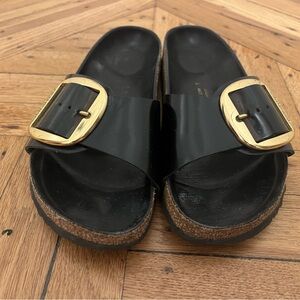 Birkenstock Big Buckle Madrid - Black Slides with Gold Buckle - 39/8 (reg/wide)